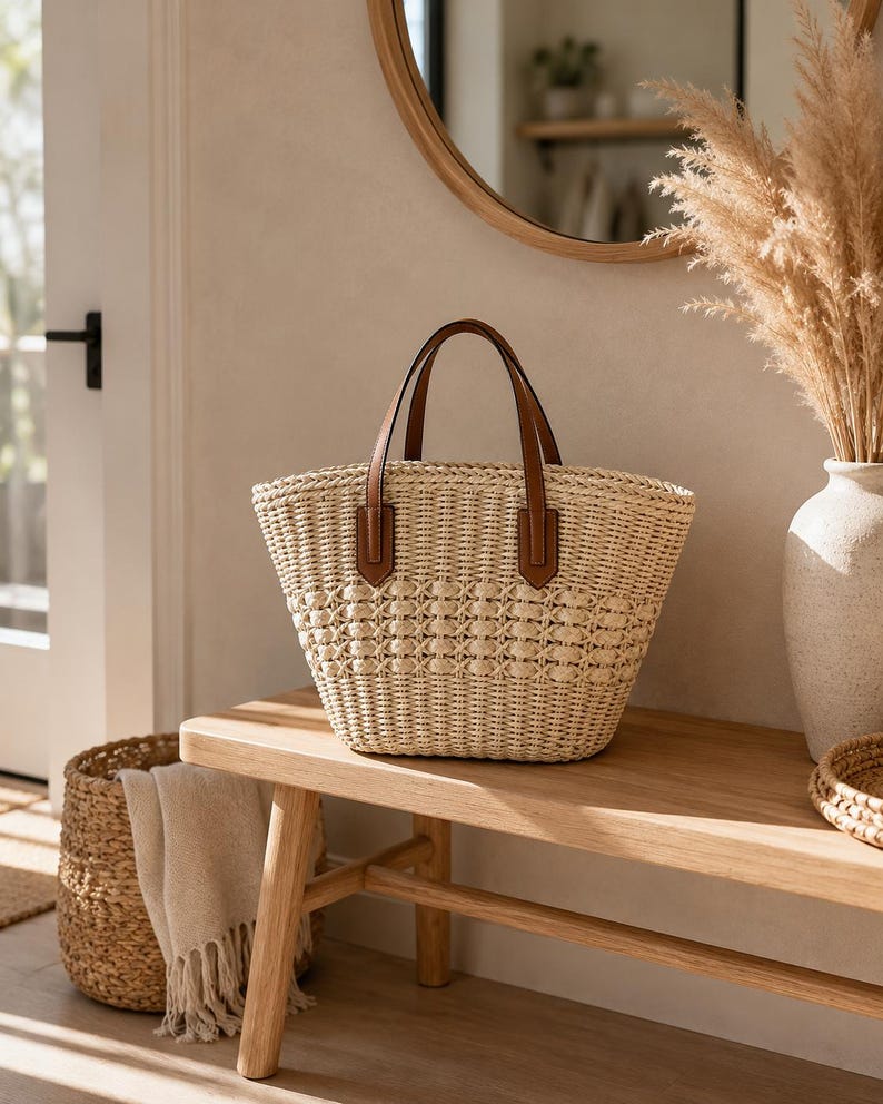Pode incluir: Uma bolsa tote de palha entran&ccedil;ada em tom bege claro natural, com um padr&atilde;o de cestaria texturizado e duas al&ccedil;as de couro castanho fixadas com abas retangulares. A bolsa possui uma abertura superior e uma silhueta larga e curva.