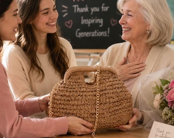 Straw Tote Bag, Natural Woven Beach Bag, Boho Shoulder Purse, Teacher Appreciation Gift for Women, Summer Vacation Handbag, Mrs Tote Bag
