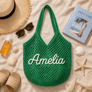 Personalized Striped Tote Bag, Custom Name Crochet Tote Bag, Woven Beach Tote Bag, Handwoven Boho Tote, Summer Vacation Bag, Bridesmaid Gift image 6