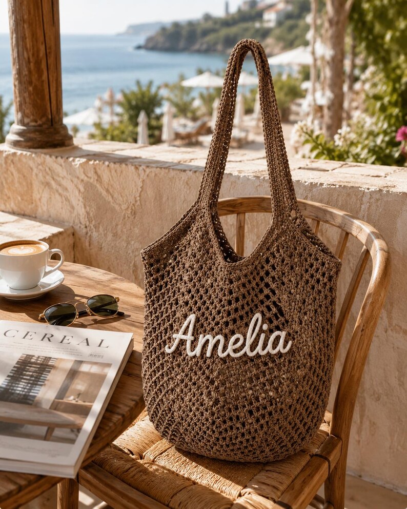 Personalized Striped Tote Bag, Custom Name Crochet Tote Bag, Woven Beach Tote Bag, Handwoven Boho Tote, Summer Vacation Bag, Bridesmaid Gift image 8