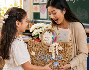 Personalized Teacher Tote Bag, Straw Teacher Tote, Custom Name Woven Beach Bag, Teacher Appreciation Gift, Gift for Teacher, Back to School