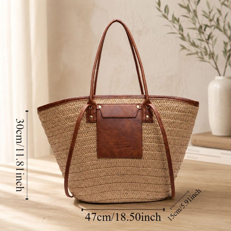Handwoven Straw Shoulder Bag, Boho Straw Tote Bag, Handmade Woven Beach Bag, Natural Straw Purse, Lightweight Casual Summer Vacation Handbag image 8