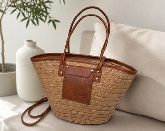 Handwoven Straw Shoulder Bag, Boho Straw Tote Bag, Handmade Woven Beach Bag, Natural Straw Purse, Lightweight Casual Summer Vacation Handbag