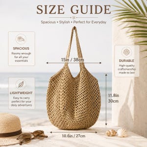May include: A beige crochet tote bag with a net pattern, featuring a width of 15 inches at the top, a base width of 10.6 inches, and a height of 11.8 inches. The bag includes two shoulder straps and is displayed with size guide text.