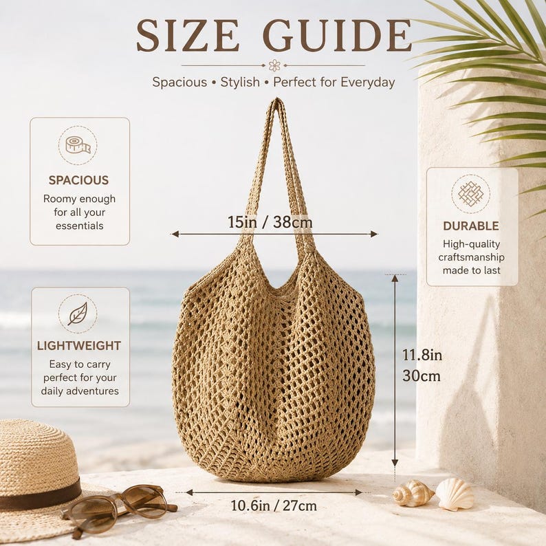 May include: A beige crochet tote bag with a net pattern, featuring a width of 15 inches at the top, a base width of 10.6 inches, and a height of 11.8 inches. The bag includes two shoulder straps and is displayed with size guide text.