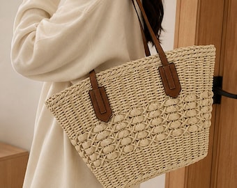 Raffia Tote Bag, Woven Straw Handbag, Handwoven Crossbody Beach Bag, Boho Summer Shoulder Purse, Vacation Straw Tote for Women