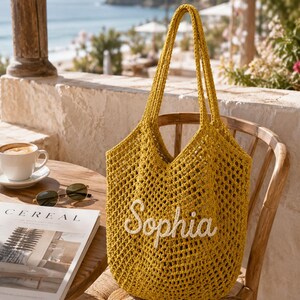 Personalized Striped Tote Bag, Custom Name Crochet Tote Bag, Woven Beach Tote Bag, Handwoven Boho Tote, Summer Vacation Bag, Bridesmaid Gift image 4