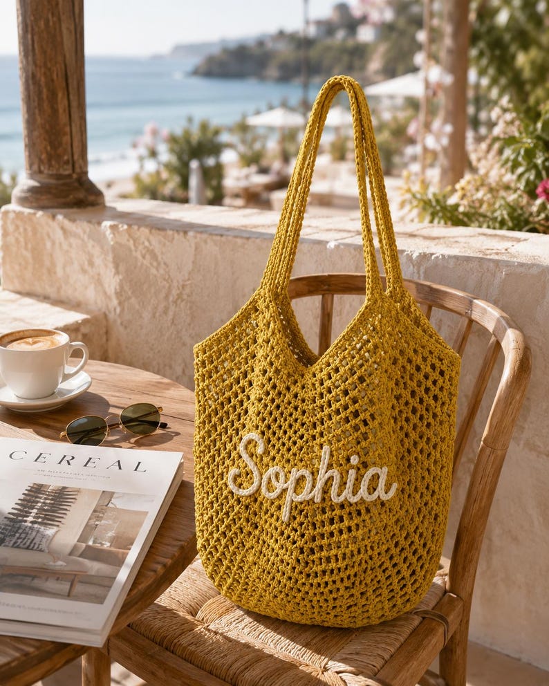 Personalized Striped Tote Bag, Custom Name Crochet Tote Bag, Woven Beach Tote Bag, Handwoven Boho Tote, Summer Vacation Bag, Bridesmaid Gift image 4