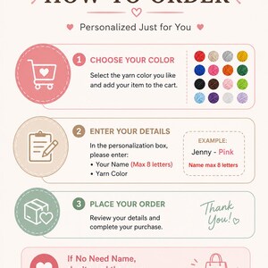 May include: An instructional graphic titled HOW TO ORDER with three steps. Step 1 shows yarn color options. Step 2 explains entering a name of max 8 letters and color in the personalization box. Step 3 confirms the order. A final note mentions blank items.