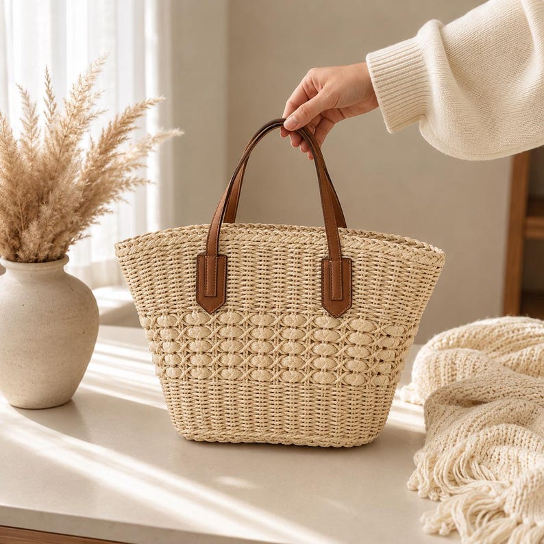 Pode incluir: Uma bolsa tote de palha tran&ccedil;ada em tom bege natural, com um padr&atilde;o de treli&ccedil;a texturizado na parte superior e duas al&ccedil;as de couro castanho fixadas com abas retangulares. A bolsa possui uma abertura larga e uma base estruturada.