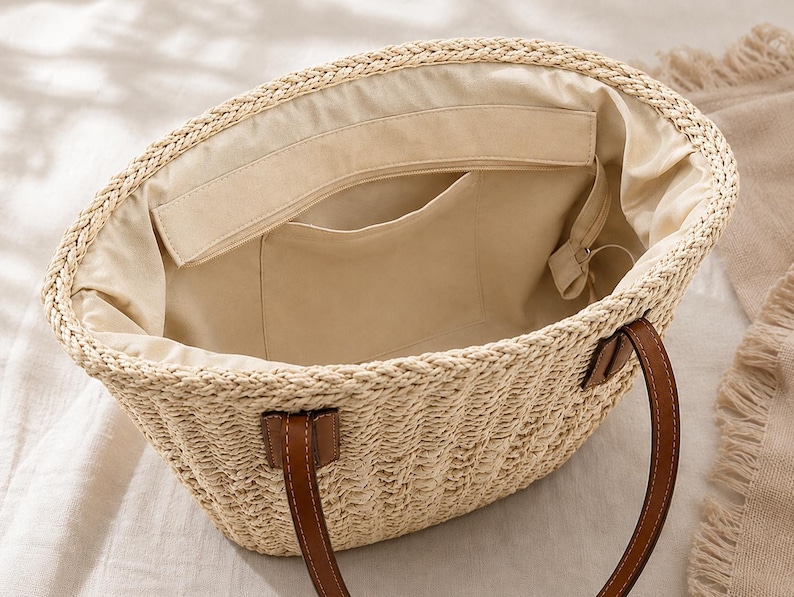 Pode incluir: Uma bolsa tote de palha tran&ccedil;ada com forro de tecido bege, apresentando um compartimento interno aberto com um bolso e duas al&ccedil;as de ombro de aspecto couro marrom fixadas com remendos retangulares na parte externa da bolsa.