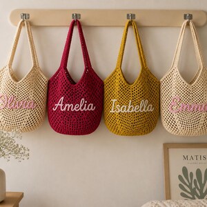 Personalized Striped Tote Bag, Custom Name Crochet Tote Bag, Woven Beach Tote Bag, Handwoven Boho Tote, Summer Vacation Bag, Bridesmaid Gift image 7