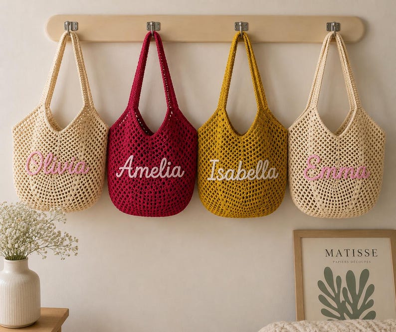 Personalized Striped Tote Bag, Custom Name Crochet Tote Bag, Woven Beach Tote Bag, Handwoven Boho Tote, Summer Vacation Bag, Bridesmaid Gift image 7