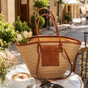 May include: A woven straw tote bag with brown leather-look trim and a rectangular front pocket. The bag features two long shoulder straps and is filled with white tulips. The design includes metallic hardware accents on the front pocket attachment.