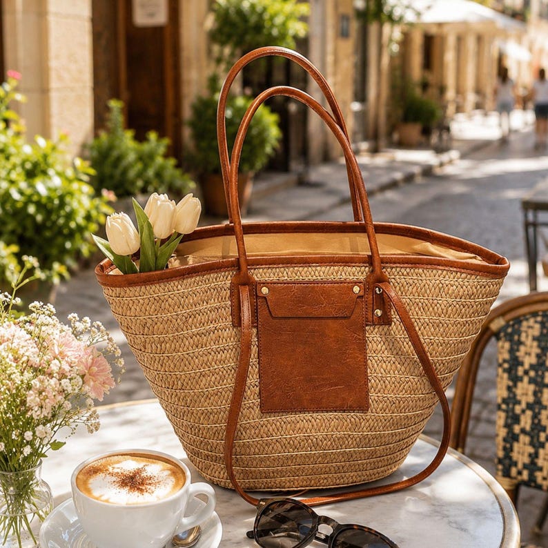 May include: A woven straw tote bag with brown leather-look trim and a rectangular front pocket. The bag features two long shoulder straps and is filled with white tulips. The design includes metallic hardware accents on the front pocket attachment.