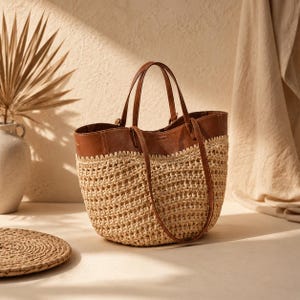 May include: A tote bag featuring a brown leather upper section and a woven straw lower body with an open-weave pattern. The bag includes two brown leather handles attached to the top rim, providing a structured shape for this carryall accessory.