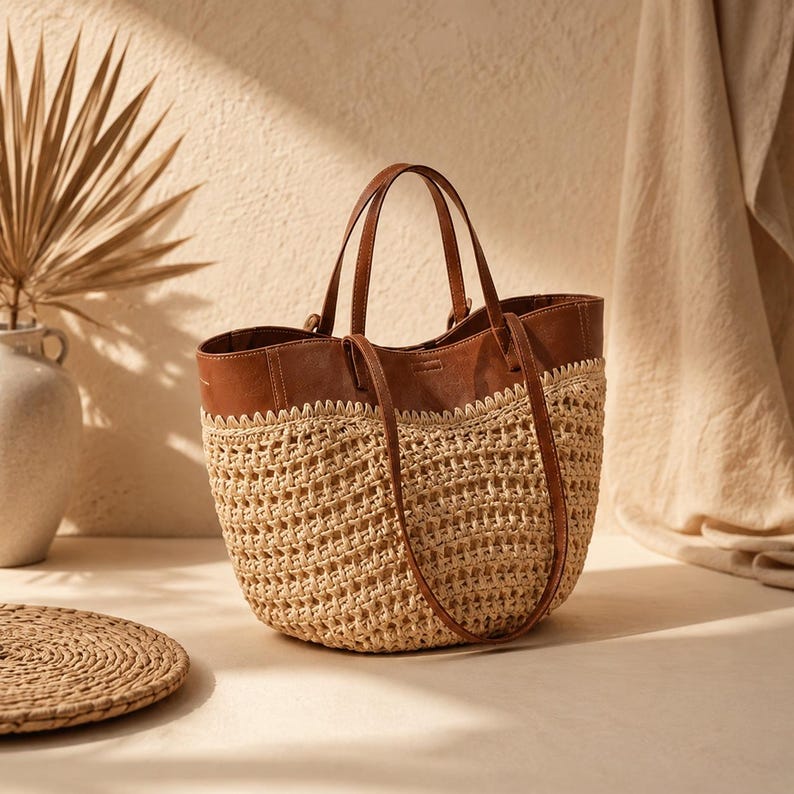 May include: A tote bag featuring a brown leather upper section and a woven straw lower body with an open-weave pattern. The bag includes two brown leather handles attached to the top rim, providing a structured shape for this carryall accessory.