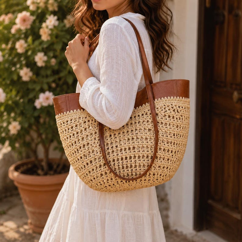 May include: A tote bag featuring a woven beige straw body with an open-knit pattern and a smooth brown leather top trim. The bag includes two long, thin brown leather shoulder straps attached to the upper leather band, providing a structured look.