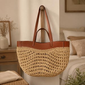 Raffia Tote Bag Handmade Straw Purse Boho Beach Bag Natural Woven Moroccan Bag Gift for Women Summer Vacation Resort Wear Shoulder Tote Brown