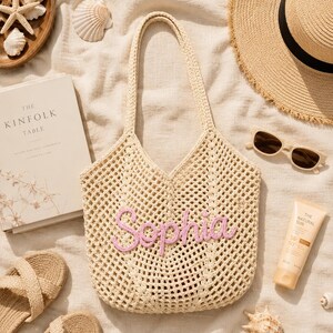 Personalized Striped Tote Bag, Custom Name Crochet Tote Bag, Woven Beach Tote Bag, Handwoven Boho Tote, Summer Vacation Bag, Bridesmaid Gift image 5