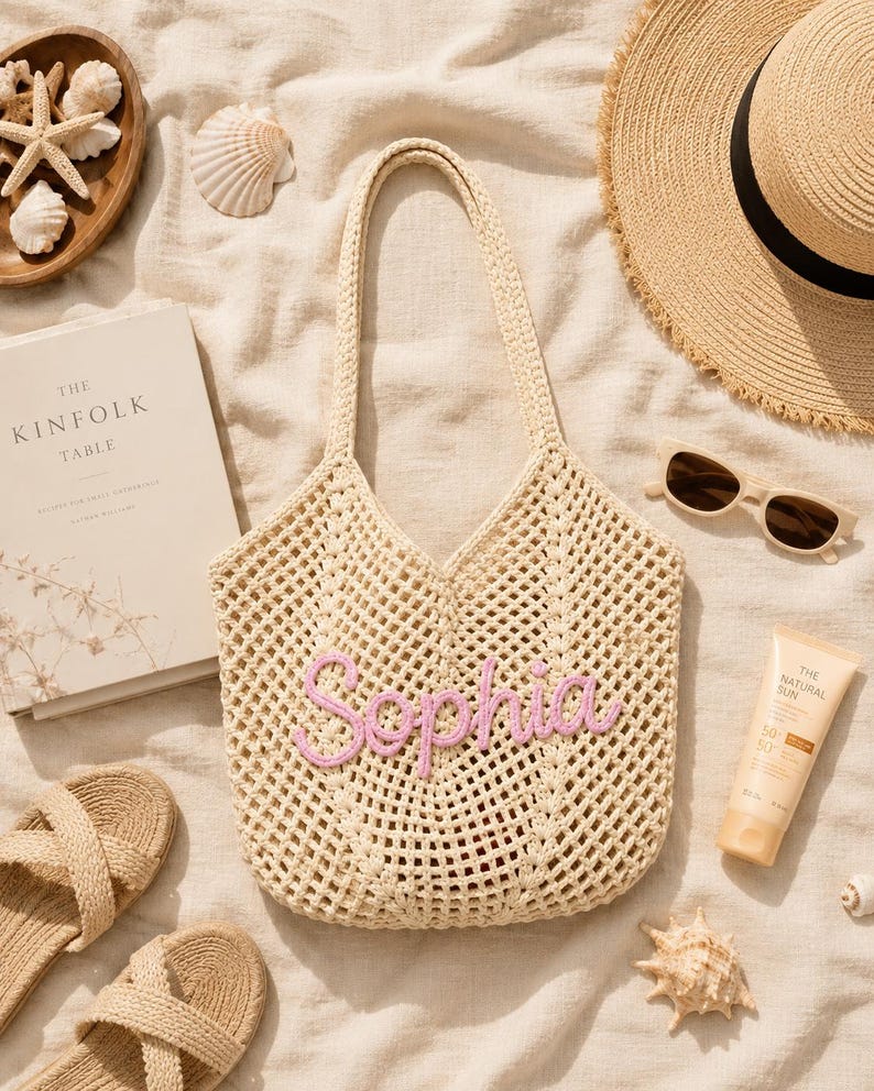 Personalized Striped Tote Bag, Custom Name Crochet Tote Bag, Woven Beach Tote Bag, Handwoven Boho Tote, Summer Vacation Bag, Bridesmaid Gift image 5