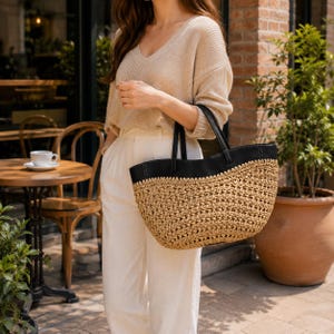 Raffia Tote Bag Handmade Straw Purse Boho Beach Bag Natural Woven Moroccan Bag Gift for Women Summer Vacation Resort Wear Shoulder Tote image 5
