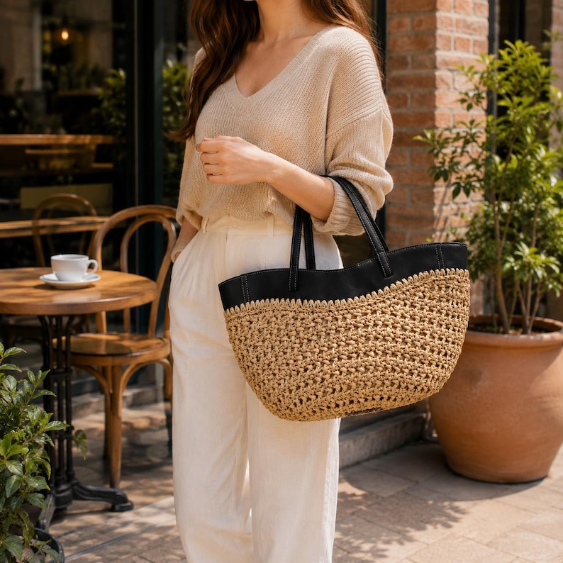 Raffia Tote Bag Handmade Straw Purse Boho Beach Bag Natural Woven Moroccan Bag Gift for Women Summer Vacation Resort Wear Shoulder Tote image 5