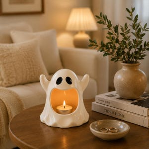 Handmade Ceramic Ghost Candle Holder, Cute Halloween Decor, Spooky Home Decoration, Unique Ghost Gift, Cozy Fall Home Decor