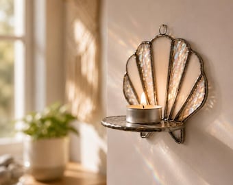Handmade Stained Glass Shell Candle Holder, Coastal Wall Decor, Beach House Candle Shelf Boho Seashell Decor, Wall Mounted Tealight Holder