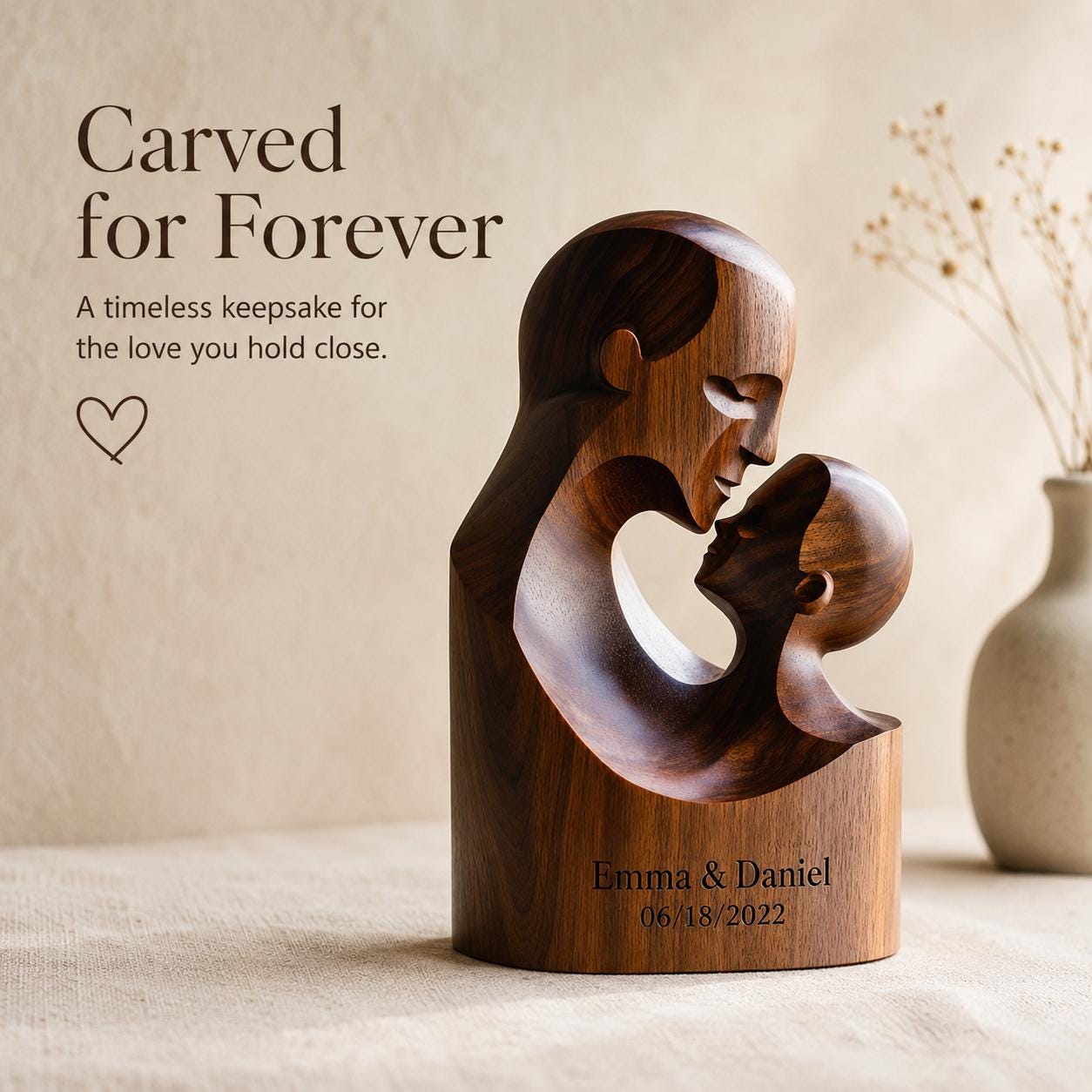 3D Solid Walnut Wood Mother Baby Sculpture, Custom New Mom Baby Shower Gift, Hand Carved Walnut Nursery Keepsake Home Decor
