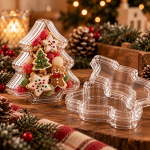 May include: A clear, tree-shaped plastic container filled with assorted holiday cookies, including gingerbread figures and star-shaped biscuits with icing, alongside a matching empty tree-shaped container resting on its side.
