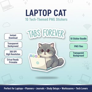 Paquete de pegatinas de gatos para portátiles / 10 imágenes prediseñadas PNG de estilo kawaii (descarga digital)
