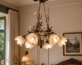 Lustre vintage rose fabriqué à la main | Plafonnier floral en verre | Éclairage de maison de campagne française
