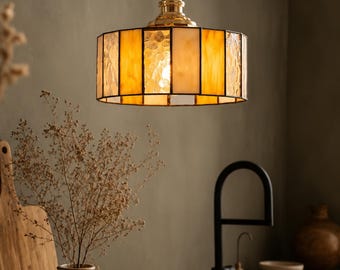Unique Hanging Lamp Design – Hanging Ceiling Lamp Pendant Light with Stained Glass Shade, Modern Yellow Cylindrical Tiffany Ceiling Lamp