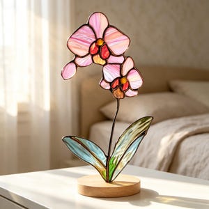 Stained Glass Pink Twin Bloom Orchid Table Suncatcher, Dual Floral Desktop Light Refractor, Warm Aesthetic Window Accent Ideal Tabletop Gift