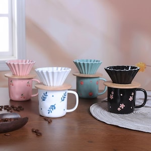 Ceramic Pour Over Coffee Maker Set, Hand Painted Floral Coffee Dripper with Mug and Wood Base, Cottagecore Kitchenware, Coffee Lover Gift