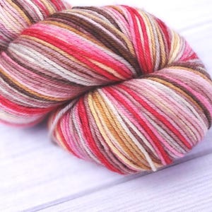 May include: A skein of hand-dyed yarn featuring a variegated color palette of bright pink, soft rose, deep chocolate brown, warm tan, and cream white. The yarn is twisted into a circular shape, showcasing the multi-colored strands of fiber.