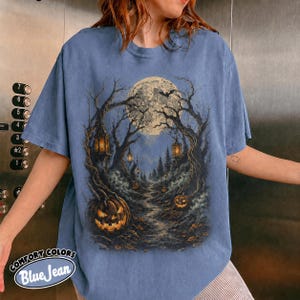Comfort Color Halloween Forest Shirt, Spooky Pumpkin Moon Tee, Jack O Lantern Haunted Woods Comfort Colors Gift