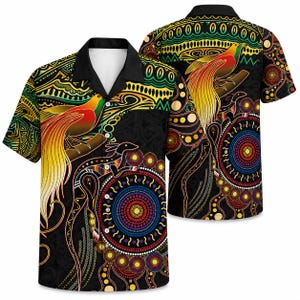 Aboriginal Hawaiian Shirt, Australian Art Aloha Shirt, Tropical Bird Button Up Shirt, Indigenous Pattern Shirt, Beach Vacation Gift for Him
