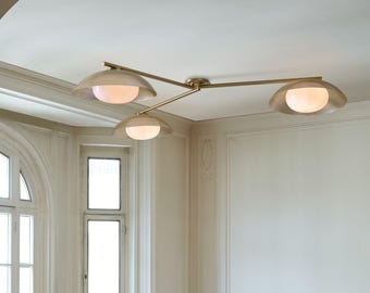 Handmade Mid Century Brass Bezel 3-Light Perforated Metal Flush Mount Ceiling Light | Modern Brass Flush Mount Chandelier