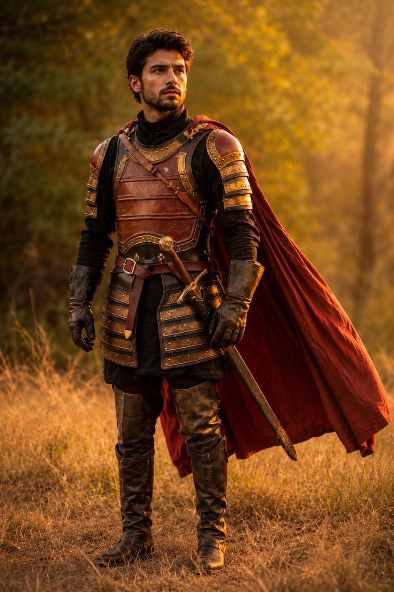 May include: A person wearing dark armor with red and gold accents, including a chest plate, shoulder pauldrons, and layered tassets. A long red cape hangs from the shoulders, and a sword with a gold hilt is strapped to the waist over a black tunic.