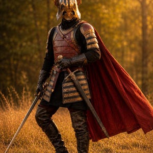 May include: A suit of armor featuring a metallic helmet with a crest, a dark red and black chest plate, and layered shoulder guards. A long, flowing red cape is attached to the back. The outfit includes black leather gloves, boots, and a sword.