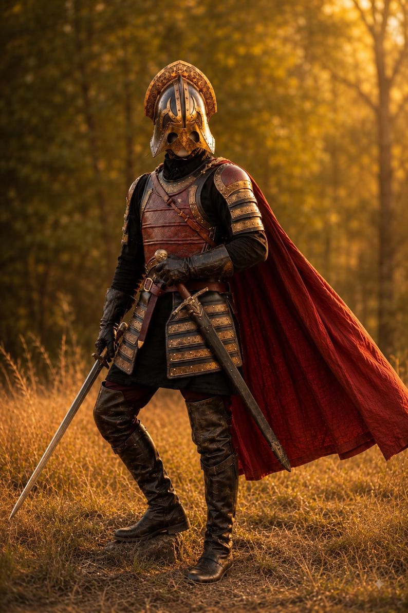 May include: A suit of armor featuring a metallic helmet with a crest, a dark red and black chest plate, and layered shoulder guards. A long, flowing red cape is attached to the back. The outfit includes black leather gloves, boots, and a sword.