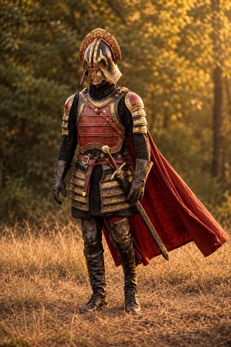 May include: A suit of armor featuring a black and gold helmet, a red chest plate, layered shoulder and hip guards, and black leather gloves. A long red cape hangs from the shoulders, and a sword with a gold hilt is strapped to the waist.