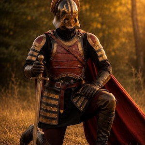 May include: A suit of armor featuring a dark metal helmet with a gold crest, a red and black chest plate, and layered shoulder and hip guards. The armor includes a long red cape, black leather gloves, and a sword held in a vertical position.