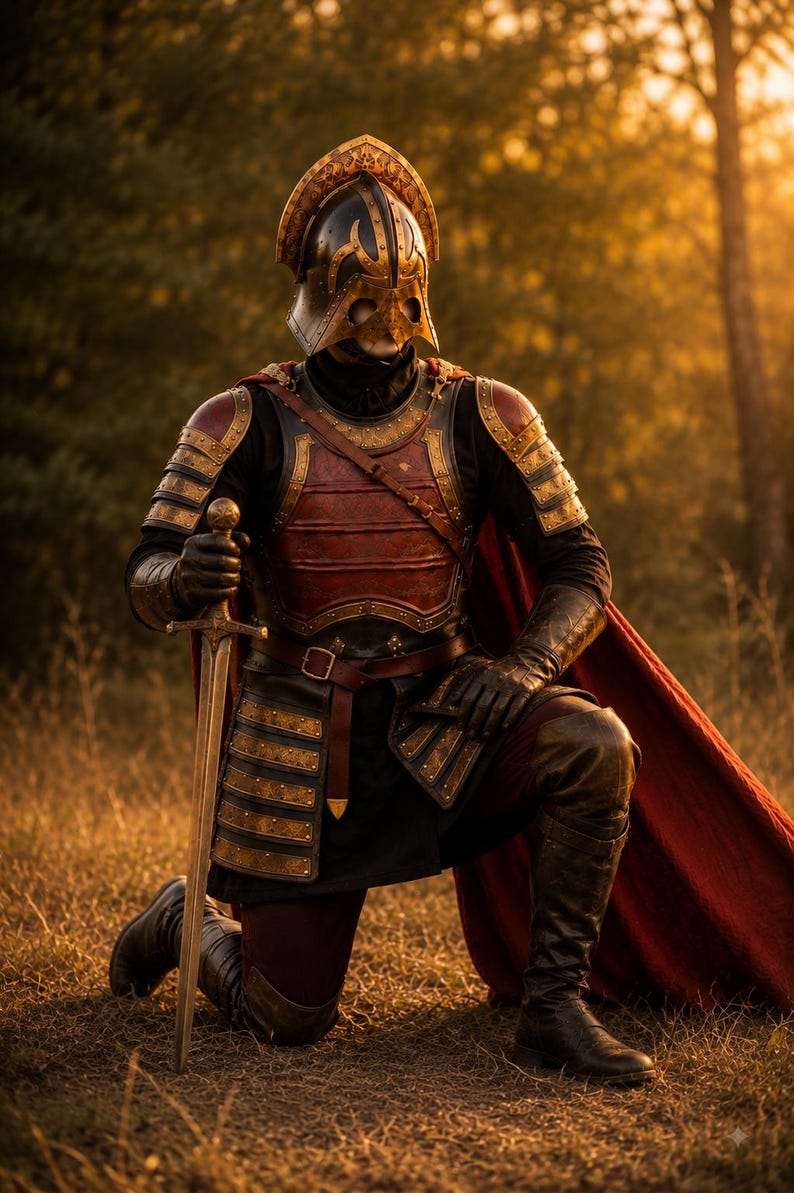 May include: A suit of armor featuring a dark metal helmet with a gold crest, a red and black chest plate, and layered shoulder and hip guards. The armor includes a long red cape, black leather gloves, and a sword held in a vertical position.