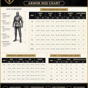 May include: A black and cream informational chart titled TheHavenArmory Armor Size Chart. It displays measurement tables for armor and tunics, including chest, waist, hip, height, and arm length in inches and centimeters, with a diagram of a suit of armor.