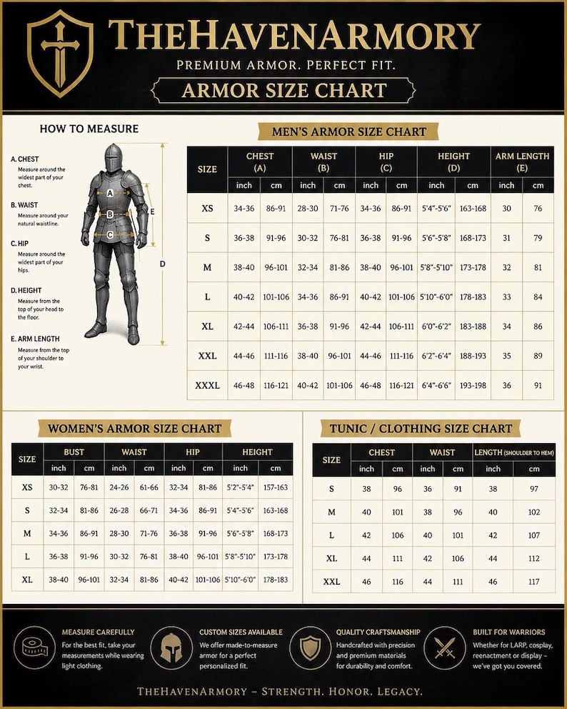 May include: A black and cream informational chart titled TheHavenArmory Armor Size Chart. It displays measurement tables for armor and tunics, including chest, waist, hip, height, and arm length in inches and centimeters, with a diagram of a suit of armor.