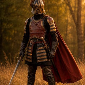 May include: A suit of armor featuring a dark metal helmet with gold trim, a red and black chest plate, layered shoulder and hip guards, black leather gloves, and tall boots. A long red cape hangs from the shoulders, and a sword is held in one hand.