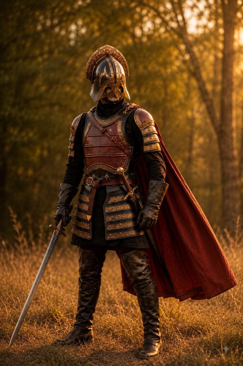 May include: A suit of armor featuring a dark metal helmet with gold trim, a red and black chest plate, layered shoulder and hip guards, black leather gloves, and tall boots. A long red cape hangs from the shoulders, and a sword is held in one hand.
